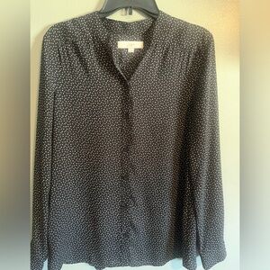 LOFT Black Blouse White Dots long sleeve lightweight button down blouse size 10